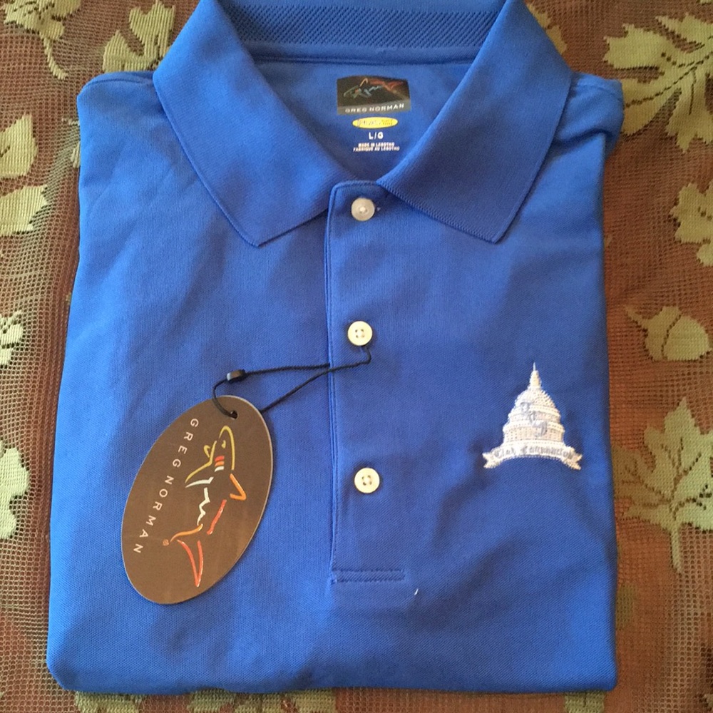 Greg Norman Play Dry Logo Golf Shirt Blue Mens LG New With Tags
